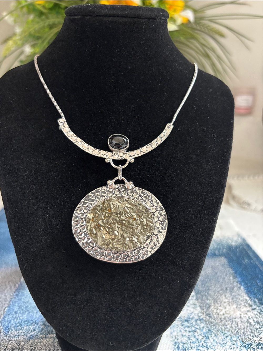 Sterling Silver Apache Pyrite Druzy Black Onyx Gemstone Necklace